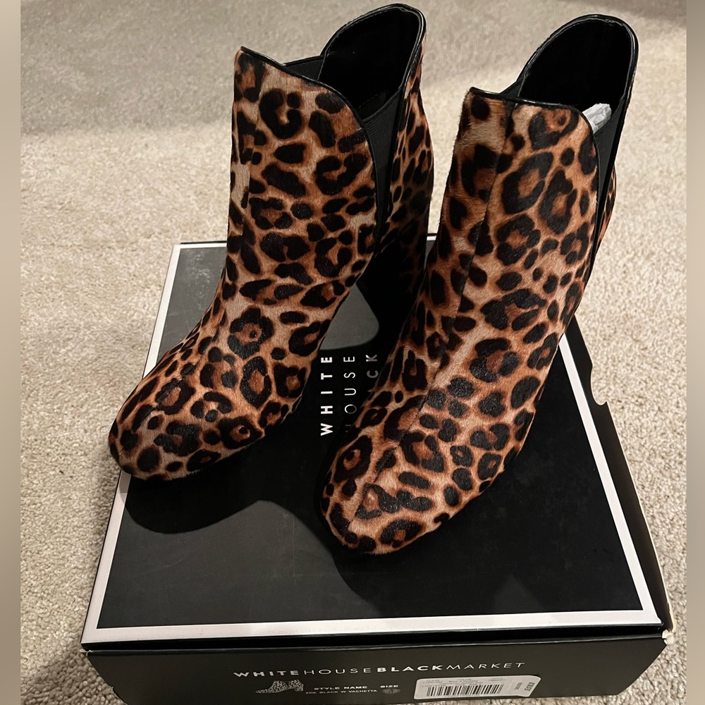 WHBM Animal Print Cheetah Haircalf Ankle Bootie Zoe Black W Vachetta
